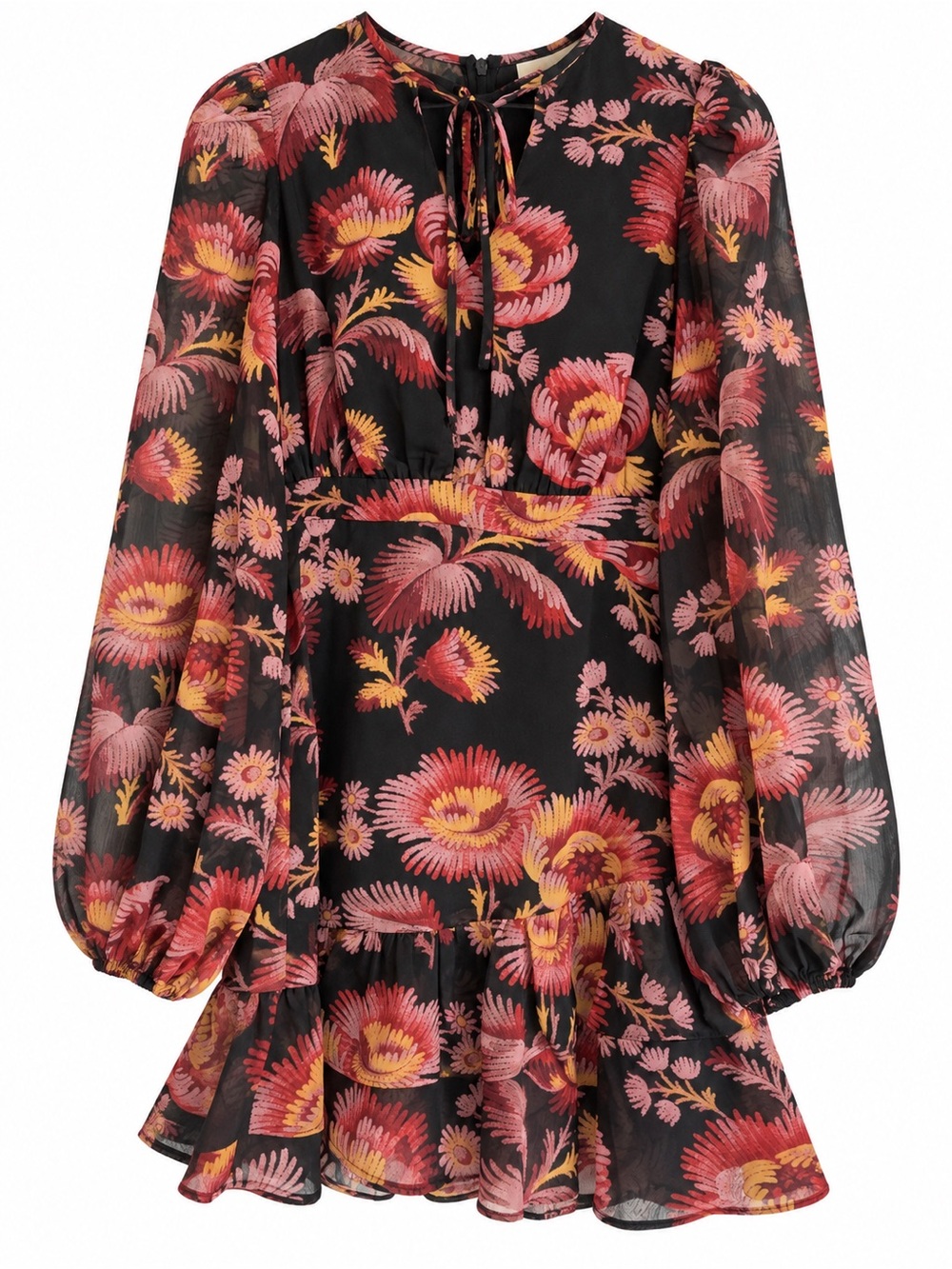 Ted Baker Black Floral Long-Sleeve Dress with Pink and Yellow Motif